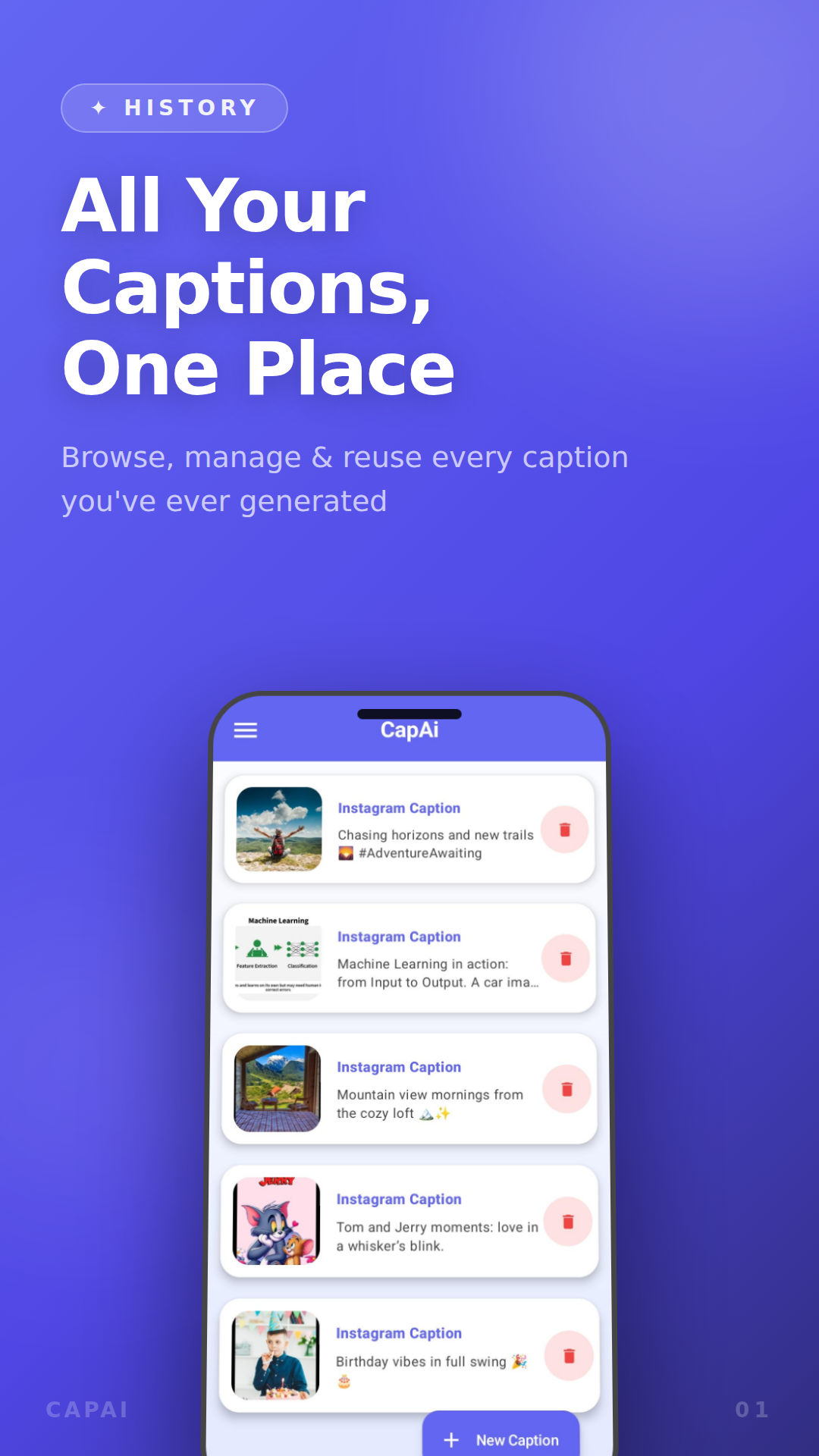 Capshot AI app showing all generated captions